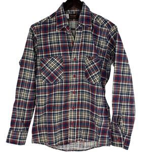 Vintage 70s Wrangler Flannel Shirt Womens Small Blue Red Plaid Western Rodeo
